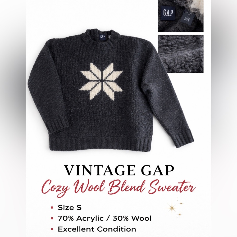 GAP Snowflake Wool Blend Sweater Size Small Gray Cozy Winter Knit snowflake